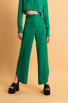 Shop the classic Gina High Waisted Pant in Emerald Green from Santos by Monica. Made from 100% TENCEL Apparel, these pants are lightweight and sustainable. Perfect for summer! Green Wide Leg Viscose Bottoms, Versatile Viscose Trousers, Versatile Elastane Wide Leg Pants For Spring, Versatile Wide Leg Elastane Pants For Spring, Versatile Straight Leg Viscose Bottoms, Chic Green Viscose Bottoms, Spring High-waist Bottoms With Side Slits, Spring High Waist Bottoms With Side Slits, High Waist Bottoms With Side Slits For Spring