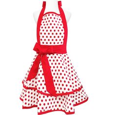 a red and white polka dot apron dress