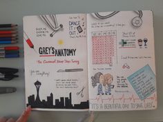 an open notebook with drawings and writing on the pages that include greys anatomy, it's a beautiful day to smile