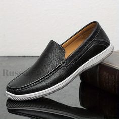 Russoo - Stylish Mens Faux Leather Loafer Shoes: Lightweight, Non-Slip Casual Footwear for Spring and Summer Seasons Casual Black Slip-ons With Leather Sole, Black Slip-on Casual Loafers, Casual Black Slip-on Loafers, Casual Black Boat Shoes With Leather Sole, Black Casual Flat Bottom Loafers, Casual Black Flat Bottom Loafers, Casual Black Flat Loafers, Black Leather Sole Slip-on Boat Shoes, Black Slip-on Boat Shoes With Leather Sole