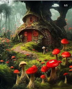 an image of a fairy house in the woods with mushrooms growing around it and a pathway leading up to it