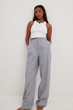 Elastic Waist Linen Trousers White | NA-KD White Linen Trousers, Striped Pajama Pants, Trousers White, Drawstring Trousers, Black Dress Prom, Striped Pyjamas, Denim Coat Jacket, Future Fashion, Linen Trousers