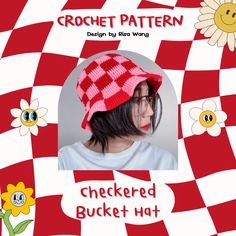 a woman wearing a red and white checkered hat with flowers in the background,