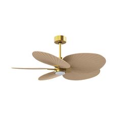 a ceiling fan that is gold and has four leaves on the blades, with two light bulbs