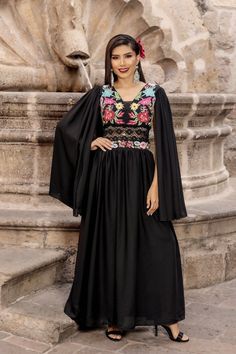 Step into elegance with our enchanting Mexican embroidered dress crafted from delicate chiffon, exquisitely adorned with intricate traditional embroidery.  Elevate your style with removable long flow sleeves, offering versatility and sophistication for any occasion. There is elastic on the back for a comfortable yet adjustable fit.  This gorgeous dress is a Solei exclusive design. More styles available here: https://www.etsy.com/your/shops/SoleiEthnic/tools/listings/section:25367133 Mexican Party Dress, Mexican Bridesmaid Dresses, Mexican Traditional Dress, Latina Style, Traditional Mexican Dress, Mexican Embroidered Dress, Royal Clothing, Mexican Dress, Traditional Embroidery