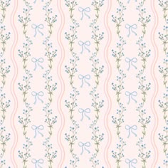 a pink and blue floral pattern on a wallpaper with ribbons, bows and flowers