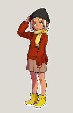 an anime character wearing yellow boots and a red sweater with a scarf around her neck