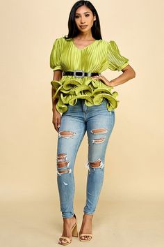 Elevate your wardrobe with our Puffed Sleeve Top with Ruffled Bottom. The elegant combination of puffed sleeves and a ruffled bottom adds a touch of sophistication to any outfit. Complete the look with the removable rhinestone buckle belt for a touch of luxury. 100% polyester. Puffed Sleeve Top, Boutique Homes, Crop Top Blouse, Puffed Sleeves, Handbag Shoes, Buckle Belt, Plus Size Tops, Belt Buckles, Men Dress