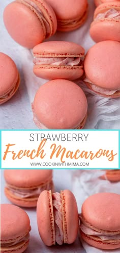 strawberry french macarons are stacked on top of each other with the words, strawberry french macaroons