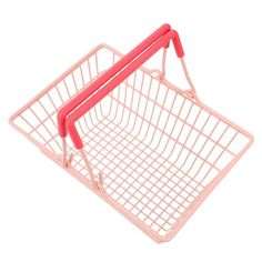 a pink shopping basket with two red handles