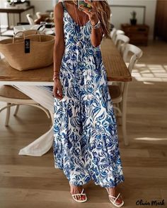 OliviaMark - Elegantly Designed Loose Strappy Sundress with Fashionable Print Resort Maxi Dress, Backless Evening Gowns, Spaghetti Dress, Maxi Dress Casual, Dress Loose Fit, Womens Long Dresses, Short Sleeve Dress Shirt, Dress Stores Online, Sleeveless Long Dress