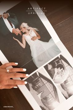 a woman's hand on top of a magazine with pictures of her wedding dress