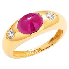 Introducing the "Cabochon Burma Ruby Diamond 2.30 Carat 18 Karat Yellow Gold Ring" - an exquisite piece of jewelry that exudes luxury and timeless elegance. This stunning gypsy ring is designed to capture hearts and turn heads, making it a perfect addition to your fine jewelry collection. Burma Ruby Cabochon: The centerpiece of this ring is a 2.10 carat Burma Ruby cabochon. Known for its deep red color and exceptional quality, this ruby is a true symbol of passion and love. Brilliant Diamonds: T Ruby Ring Designs, Cabochon Ruby, 3 Stone Ring, 3 Stone Rings, Handmade Fine Jewelry, White Diamond Ring, Contemporary Ring, Modern Ring, Ruby Diamond