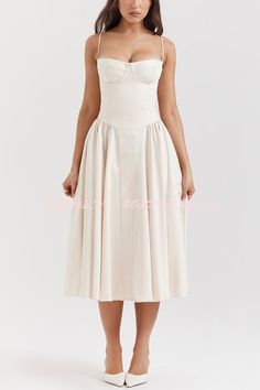 Midi Dress With Built-in Bra And Fitted Bodice, Spring Party Midi Dress With Built-in Bra, Fitted A-line Dress With Built-in Bra, Elegant Summer Corset Dress With Built-in Bra, Fitted Beige Dress With Built-in Bra, Fitted Strapless Sundress In Midi Length, Fitted Strapless Sundress Midi Length, Elegant Suspender Dress With Built-in Bra For Spring, Beige Party Dress With Built-in Bra