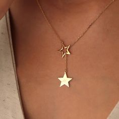 Elegant Personalized Star Necklace, Elegant Star Shaped Personalized Necklace, Elegant Personalized Star-shaped Necklaces, Elegant Star Lariat Necklace Gift, Elegant Star-shaped Lariat Necklace Gift, Yellow Gold Lariat Charm Necklaces As Gift, Lariat Necklaces With Star Charm For Gift, Star-shaped Lariat Necklace With Adjustable Chain As Gift, Elegant Personalized Star Shaped Necklace