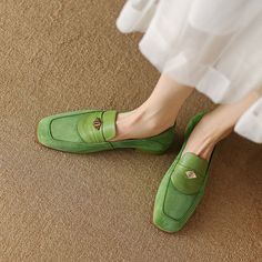 2301BSH2121904-6 Green Suede Flat Heel Loafers, Green Slip-on Closed Toe Loafers, Suede Low Heel Loafers For Work, Green Suede Loafers With Flat Heel, Green Loafers For Business In Spring, Green Leather Work Shoes With Leather Sole, Green Leather Shoes For Work With Leather Sole, Green Leather Shoes With Leather Sole For Work, Green Almond Toe Loafers With Leather Sole