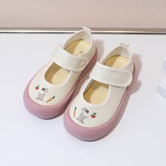 These adorable Mary Jane shoes feature an adorable cartoon design with a touch fastener strap. They offer arch support and have a soft heel insole for added comfort. Upper Material: CanvasOutsole Material: RubberLining Material: CanvasInsole Material: PU Suggested Age US Size EU Size FootLength Inch cm 2T 6 22 5.5 13.9 2T 7 23 5.7 14.4 2.5T 8 24 5.9 14.9 3T 9 25 6.1 15.4 3.5T 9.5 26 6.3 15.9 4T 10 27 6.5 16.4 5T 11 28 6.6 16.9 5T 11.5 29 6.8 17.4 5.5T 12.5 30 7 17.9 6T 13 31 7.2 18.4 6.5T 1 32 7 Cartoon Sneakers With Rubber Sole And Round Toe, Cartoon Print Sneakers With Round Toe, Non-slip Canvas Shoes With Round Toe For Summer, Non-slip Summer Canvas Shoes With Round Toe, Cute Mary Janes With Rubber Sole And Round Toe, Casual White Slip-on Mary Janes, Casual White Mary Janes With Round Toe, Fun Cartoon Print Sneakers With Round Toe, Playful Non-slip Closed Toe Sneakers