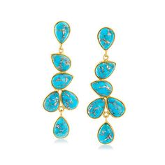 Ross-Simons - Turquoise Drop Earrings in 18kt Gold Over Sterling. Have splashy color be your defining trait at the next event you attend. Vibrant 7x10mm pear-shaped stabilized turquoise cabochons tumble downward in these chic and sophisticated drop earrings crafted in 18kt yellow gold over sterling silver. Hanging length is 2". Post/clutch, turquoise drop earrings.