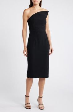 A structured neckline lends sculptural appeal to this strapless cocktail dress rendered in a timeless sheath silhouette. 41 1/2" length (size Small) Back zip closure Strapless Lined 97% polyester, 3% spandex Machine wash, dry flat Imported Elegant Knee-length Strapless Dress With Fitted Bodice, Fitted Strapless Sheath Dress, Classic Strapless Cocktail Dress, Strapless Midi Dress With Fitted Bodice For Formal Events, Strapless Midi Dress With Fitted Bodice For Formal Occasions, Elegant Strapless Bodycon Dress For Gala, Evening Bodycon Dress With Straight Neckline, Elegant Strapless Midi Dress, Elegant Midi Length Strapless Dress