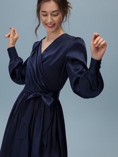 Luxury Silk Linaria Wrap Dress - Long Sleeve Elegant Long Sleeve Satin Cocktail Dress, Silk Long Sleeve Evening Dress, Elegant Silk V-neck Dress For Dinner, Elegant Silk V-neck Dinner Dress, Chic Silk Long Sleeve Evening Dress, Chic Long Sleeve Silk Evening Dress, Chic Long Sleeve Silk Party Dress, Elegant Long Sleeve Blue Dresses, Elegant Silk Maxi Long Sleeve Dress