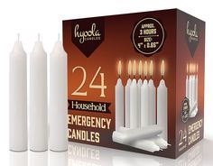 four white candles are in front of a box with the number 24 on it and one candle is lit