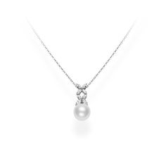 This Mikimoto necklace has an uncompromising beauty and grace. Crafted in 18K white gold, it features a pendant with a 10mm A+ white South Sea pearl beneath two diamond-embellished flowers on a precious metal chain. Marvel at the magnificent luster and subdued opalescence of this Mikimoto pendant necklace. Mikimoto Pearls Necklace, Elegant Formal Jewelry With Detachable Pendant, Elegant Silver Bridal Necklace With Detachable Pendant, Elegant Formal Necklace With Detachable Pendant, Elegant Formal Necklaces With Detachable Pendant, Elegant Bridal Necklace With Detachable Pendant, Elegant Bridal Necklace With Detachable Pendant For Wedding, Formal Silver Diamond Necklace With Detachable Pendant, Elegant Round Necklace With Detachable Pendant