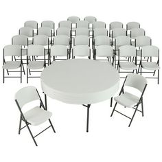 a large group of white chairs and tables with one round table in the middle surrounded by smaller ones