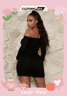 Spring Women Sexy Black Off Shoulder Long Sleeve Ruched Bodycon Dress Off Shoulder Dresses, Black Off Shoulder, Ruched Bodycon Dress, Spring Women, Off Shoulder, Bodycon Dress, Long Sleeve, Clothes, Black