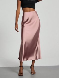 1pc Elastic Satin-Faced Midi Skirt For Women Coral Pink Elegant   Polyester Plain Mermaid Non-Stretch  Women Clothing, size features are:Bust: ,Length: ,Sleeve Length: Rose Outfit, European Casual, Rosa Coral, Rock Rose, Embellished Shorts, Lily Bloom, Skirt For Women, Body Con Skirt, Women Maxi