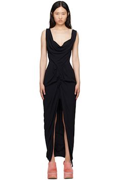 Vivienne Westwood - Black Panther Maxi Dress Fitted Pre-draped Maxi Dress With Folds, Fitted Draped Maxi Dress With Folds, Fitted Pleated Maxi Dress With Asymmetrical Hem, Formal Dress With Asymmetrical Hem And Folds, Fitted Dress With Folds And Asymmetrical Hem, Formal Dress With Folds And Asymmetrical Hem, Dress Draping, Crepe Dress, Black Panther