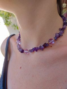 Glass beads and natural Amethyst chip stones are used for this necklace. This beautiful Amethyst handmade necklace, a great gift for yourself and a loved one.. Used material: Amethyst chip stones and gold plated apparatus. Handmade Amethyst Crystal Necklace For Gift, Lavender Handmade Necklace For Meditation, Handmade Lavender Necklace For Meditation, Lavender Amethyst Necklaces For Jewelry Making, Lavender Crystal Necklaces With Natural Stones For Gift, Amethyst Stone Necklaces For Gifts, Lavender Crystal Necklace With Natural Stones For Gift, Amethyst Stone Necklace For Gift, Handmade Lavender Crystal Necklaces Gift