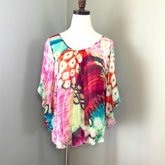 Butterfly Sleeves Scoop Neck Colorful Abstract Design New Item Never Worn Colorful V-neck Blouse For Beach, Chic Multicolor Beach Blouse, Chic Multicolor Blouse For Beach, Chic Multicolor Tops For Beach, Flowy Summer Rayon Tops, Flowy Rayon Summer Tops, Multicolor Rayon Tops For Day Out, Rayon Short Sleeve Tops For Brunch, Short Sleeve Rayon Tops For Brunch