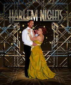 a man and woman dressed in formal wear standing next to each other with the words harlem nights above them