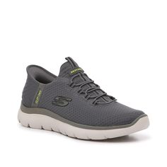 Skechers-Hands Free Slip-Ins: Summit Slip-On Sneaker - Men's The Summit slip-on sneakers from Skechers feature a Hands Free Slip-Ins:™ molded heel that you can slide into and head out the door. This pair rocks a Stretch Fit® engineered knit upper with an Ankle Pillow™ and an Air-Cooled Memory Foam® footbed for added comfort. Outdoor Gray Cushioned Slip-on Sneakers, Gray Slip-on Sneakers For Running, Gray Cushioned Slip-on Sneakers For Outdoor, Functional Gray Slip-on Sneakers, Gray Slip-on Sneakers For Sports, Gray Sneakers With Elastic Laces For Outdoor, Slip-on Gray Sneakers For Outdoor, Gray Slip-on Running Sneakers, Gray Slip-on Sports Sneakers