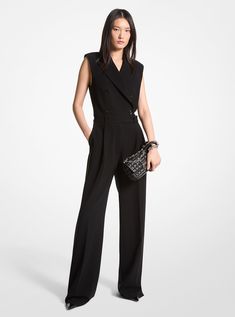 Crepe Double-Breasted Jumpsuit Black Jumpsuit Outfit Formal, Nancy Outfit, Wedding Officiant Attire, Queer Formal, Business Jumpsuit, Officiant Attire, Black Wedding Guest Outfits, Dress Code Cocktail, Women Jumpsuit Outfits