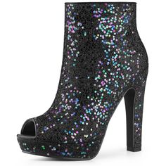 These glitter boots have a peep toe, a chunky heel, and a zipper closure. The shining glitter upper part gives these boots a fashion feel, and the heels are perfect for a night out on the town. The open design provides breezy comfort for your feet. With the moderate heel height, the heels make you feel more comfortable. Team them with your favorite dress and colorful accessories for a glamorous party look this season. Great for your mother, girlfriend, sister, or friend as a gift. Funky Heels, Clear Block Heels, Chunky Heel Ankle Boots, Glitter Boots, Glamorous Party, Favorite Shoes, Block Heel Ankle Boots, Colorful Accessories, Chunky High Heels