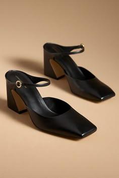 Leather upper, insole, sole Slip-on styling Imported | Square-Toe Mule Heels by Anthropologie in Black, Women's, Size: 7, Leather Winter Shoes Heels, Cute Flats Shoes For Women Classy, Work Office Shoes Women, Two Toe Shoes, Shoes For The Office For Women, Flat Business Shoes Women, Minimal Wedding Shoes, Heels For Wide Foot, Chic Winter Shoes