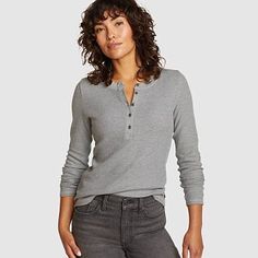 Women's Everyday Thermal Henley Everyday Fall Henley, Casual Button-up Henley For Everyday, Casual Henley For Everyday Fall Wear, Casual Spring Henley For Everyday Wear, Relaxed Fit Henley For Everyday Fall Wear, Casual Long Sleeve Winter Henley, Casual Long Sleeve Henley For Winter, Gray Tops For Everyday Fall Wear, Relaxed Fit Henley For Fall Layering