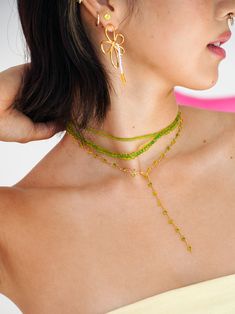 Summer Morning Dew Chain Necklace Green Elegant Dangle Crystal Necklaces, Elegant Green Necklace For Beach, Elegant Green Jewelry For Beach, Elegant Green Jewelry For The Beach, Elegant Green Beach Jewelry, Green Teardrop Jewelry For Summer, Green Drop Necklace For Party, Green Choker Necklace With Adjustable Chain, Green Drop Necklaces For Party