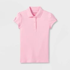 Stock up on wardrobe essentials for your kiddo with this Uniform Interlock Polo Shirt from Cat and Jack™. Made from a smooth interlock fabric, this uniform polo shirt keeps them moving through the day in cool comfort. Fashioned in a solid hue and featuring a classic polo design with a collared neckline and a three-button placket for a dressier look, this interlock polo shirt has subtle puff short sleeves with a button tab for a touch of flair. Easy to coordinate with a variety of bottoms for ver Spring School T-shirt With Collar, Collared T-shirt For School In Spring, Fitted Pink Polo Shirt With Short Sleeves, Fitted Pink Polo Collar T-shirt, Fitted Casual Polo Shirt For School, Short Sleeve T-shirt For School, Short Sleeve Solid Color T-shirt For School, Solid Color Short Sleeve T-shirt For School, Fitted Short Sleeve Polo Shirt For School