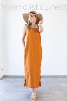 Spaghetti Strap Dress / women linen dress / minimalistic dress / orange linen dress Casual Sundress With Spaghetti Straps And Pockets, Relaxed Fit Unlined Sundress Maxi Dress, Relaxed Fit Sundress Midi Dress Unlined, Relaxed Fit Unlined Midi Sundress, Relaxed Fit Sundress Midi Dress, Casual Unlined Maxi Dress For Daywear, Casual Maxi Dress With Pockets For Vacation, Casual Daywear Maxi Dress, Summer Beach Maxi Dress With Pockets