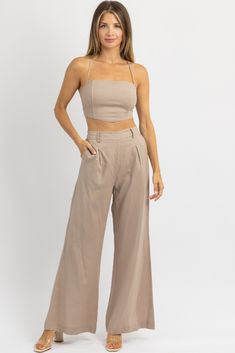 Fitted Wide Leg Solid Color Sets, Fitted Solid Color Wide Leg Sets, Chic Beige Cotton Sets, Solid Color Fitted Wide Leg Sets, Chic Two-piece Set With High-waisted Pants, Chic Beige Cropped Bottoms, Fitted Two-piece Wide Leg Pant Set, Fitted Cropped Wide Leg Pants For Work, Two-piece Fitted Wide Leg Pants