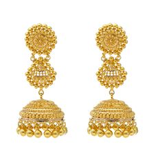 Virani Jewelers presents an opulent beauty with this 22k gold necklace and earring set. The beaded details, meticulously designed, create a sense of grandeur that graces your neckline and ears. This 22k gold jewelry set is more than jewelry; it's a Virani Jewelers creation that invites you to embrace opulence with every wear. Adorn yourself with this Indian gold jewelry masterpiece and let it become a symbol of your refined taste. Features • 22k yellow gold • Filigree details • Beaded accents Ne 22k Gold Bollywood Jhumkas With Intricate Design, Bollywood Style 22k Gold Jhumkas With Intricate Design, Bollywood Style 22k Gold Intricate Jhumkas, Traditional Gold Bridal Earrings With Pallu, Ornate Gold Chandbalis For Festive Occasions, Festive Gold Ornate Chandbalis, Gold Kundan Filigree Earrings, Temple Style 22k Gold Danglers With Intricate Design, Ornate Gold Chandbalis For Festivals