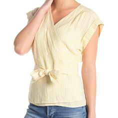 Frame Wrap Sleveless Striped Linen Shirt Top Golden Haze Womens Size Small New With Tags. Retail $240.00 Smoke Free, Pet Free Environment Measurements Chest 38 3/4" Length Top Shoulder To Front Hem 24" Arm Hole Opening 9 1/4" Across Yellow Cotton V-neck Shirt, Yellow Cotton V-neck Blouse, Casual Yellow Tops For Brunch, Spring Linen Top For Brunch, Yellow V-neck Tops For Work, Casual Linen Tops For Brunch, Casual Yellow Shirt For Work, Casual Mustard Cotton Blouse, Yellow V-neck Summer Shirt