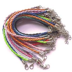 several different colored cords with metal clasps on each end and two silver hooks attached to them