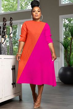 Xpluswear Design Plus Size Business Casual Multicolor Colorblock Round Neck 3/4 Sleeve Midi Dresses Dresses For Church Classy, Plus Size Outfits Casual Comfy, Plus Size Business Casual Work Clothes, Business Casual Dresses For Women, Modest Plus Size Fashion, Plus Size Business Casual, Best Plus Size Dresses, Plus Size Outfits Casual, Linen Dress Pattern