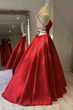 Simple Backless Red Satin Long Evening Dress, Backless Red Formal Dresses Modest Red Prom Dress, Square Neckline Prom Dress, Year 12 Formal, Red Formal Gown, Satin Long Prom Dress, Red Prom Dress Long, Prom Dresses Simple, Classy Prom, Dress Display