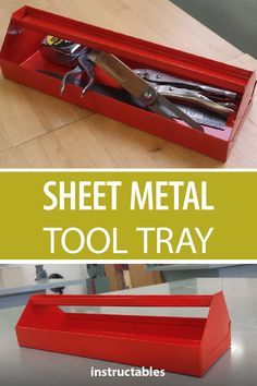 there is a red box with tools in it and the words sheet metal tool tray