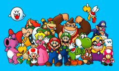 an image of mario and friends in the style of cartoon characters on a blue background