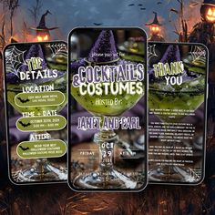 three halloween cocktail menus with witches hats on them